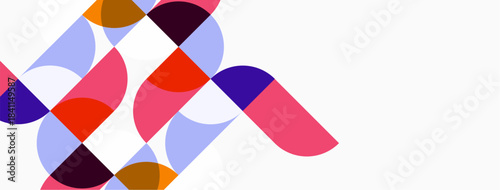 Abstract geometric shapes overlap, creating vibrant colorful composition. Soft pastel hues dominate design, offering modern aesthetic.