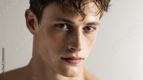 Close-up portrait of a handsome young man with wet, styled hair and intense blue eyes looking directly at the viewer.