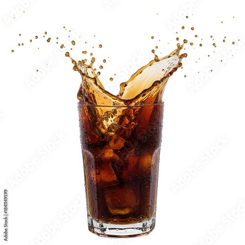 Refreshing cola drink with ice cubes splashing in a glass