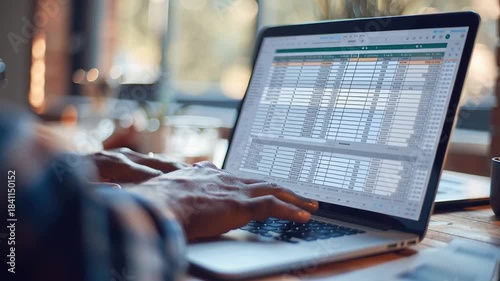 Household cashflow spreadsheet budget laptop hands finance accounting budget planning analysis Excel style table showing calculator desktop warm home