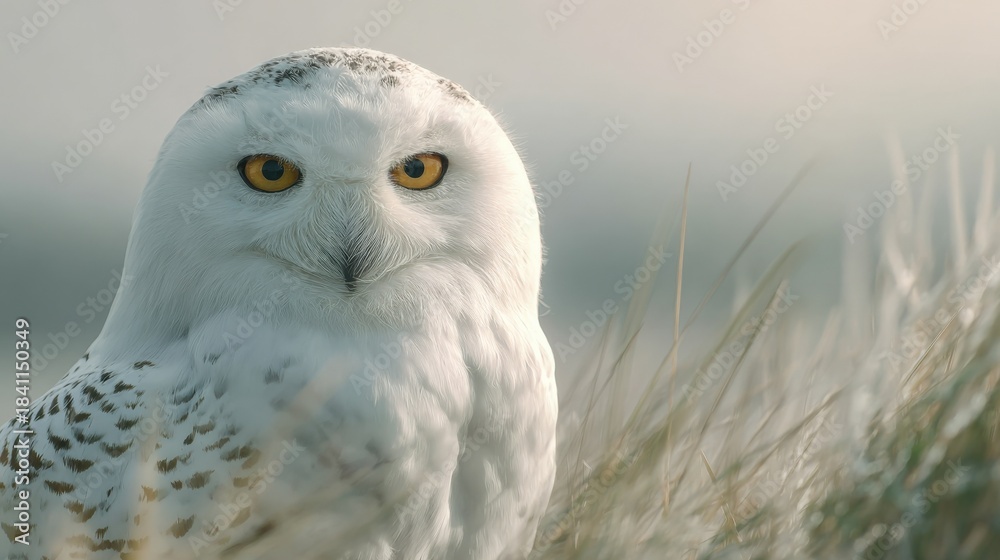 Fototapeta premium Majestic Snowy Owl Close-Up: A Stunning Portrait of Arctic Wildlife in Natural Habitat
