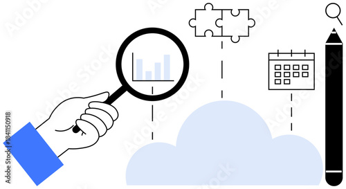 Hand holding magnifying glass examining data graph, cloud linking puzzle pieces, calendar, pencil. Ideal for analysis, research, planning, problem-solving, organization brainstorming technology