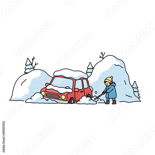 Man shoveling snow from driveway while clearing a red car in winter  