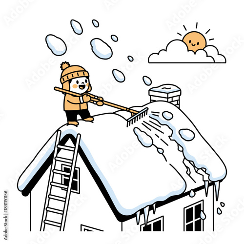 Child clearing snow from the roof with a rake on a sunny day  
