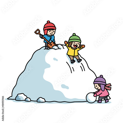 Children playing on snow pile in winter while having fun outdoors  