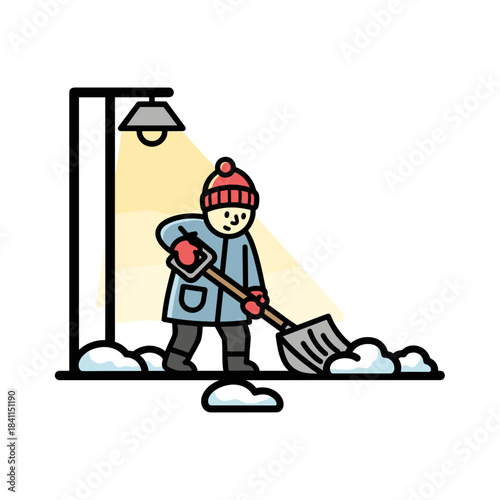 Man shoveling snow from driveway under porch light at early morning  