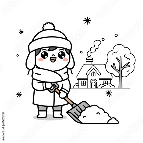 Happy child shoveling snow from the driveway at home in winter  