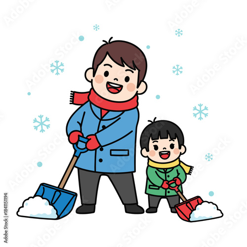 Father and son shoveling snow together in winter landscape  