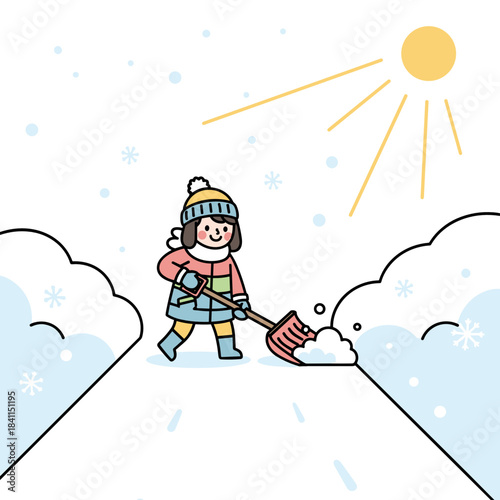 Man shoveling snow from the driveway at home on sunny winter day  