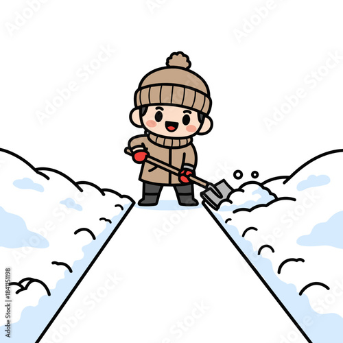 Young boy shoveling snow from driveway with a smile in winter  