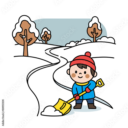 Young boy shoveling snow from a pathway in a winter landscape  