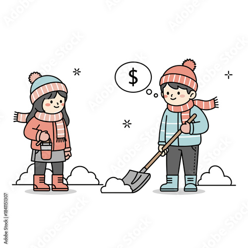 Teenager earning money by shoveling neighbor's driveway