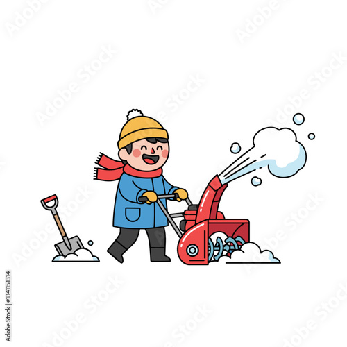 Boy using snow blower to clear driveway while smiling in winter  