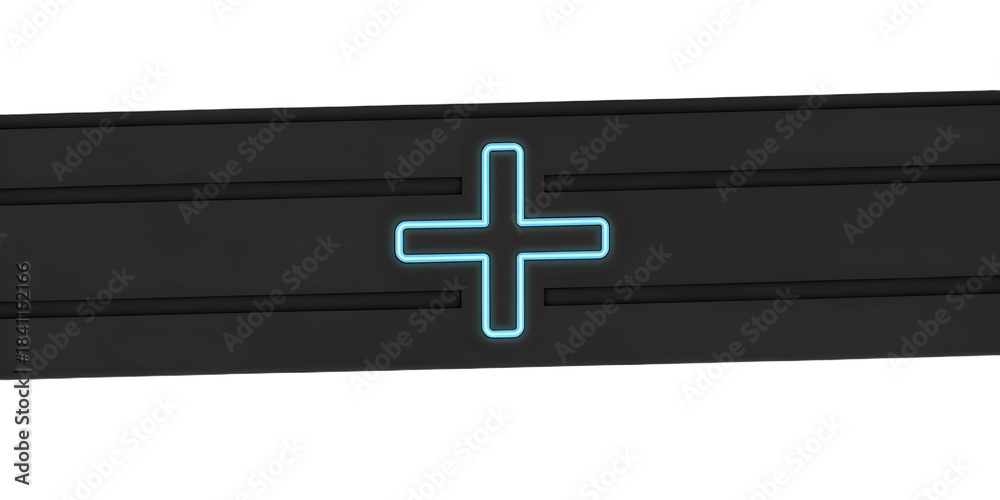 Fototapeta premium Blue Neon Plus Sign on Dark Textured Horizontal Surface addition positive isolated on a transparent background