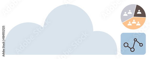 Cloud shape with team collaboration pie chart and data analytics diagram. Ideal for cloud technology, online teamwork, data visualization, business analysis, strategy planning, networking, technology