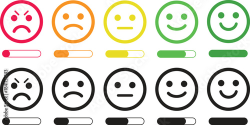 Rating Emoji Icon set. Review smiley face collection. Service rating emoticon vector illustration. Bad, poor, average, good and excellent feedback marking. Vector cartoon smiley face collection.