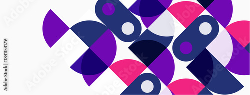 Abstract composition featuring overlapping circles, semicircles, vibrant purple, pink hues. Minimalist design, clean lines, modern aesthetic.