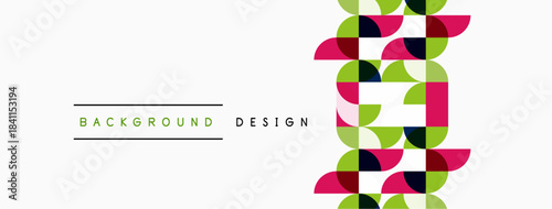 Abstract geometric pattern. Circles, squares combine forming vibrant design. Background features text labels, simple layout.