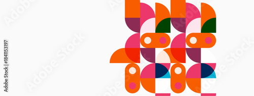 Abstract floral pattern. Colorful shapes overlap, creating organic forms. Minimalist design with vibrant hues on white background.