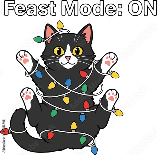 Adorable tuxedo cat entangled in colorful christmas lights ready for a festive feast, Generative Ai