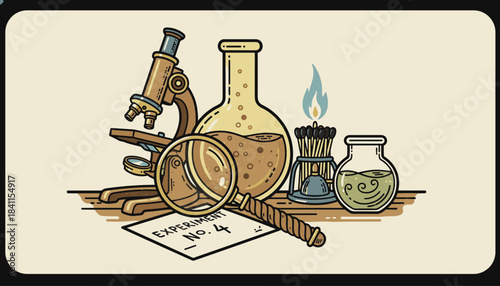 Old-fashioned science experiment setup illustration with a retro microscope, magnifying glass, bubbling chemical flasks, and a lit match on a research note