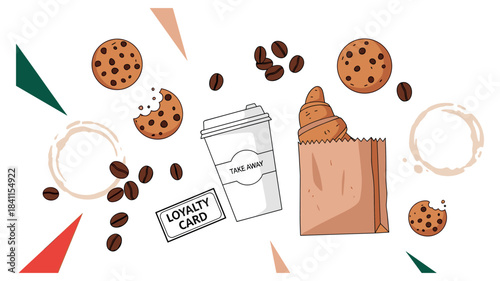 Hand-drawn illustration of coffee shop items like a take-away cup, croissant, cookies, and loyalty card arranged in a flat lay composition with coffee beans and stains