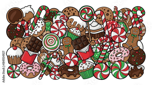 Festive collection of cartoon Christmas sweets including gingerbread men, candy canes, lollipops, and donuts in a cheerful holiday-themed doodle illustration style