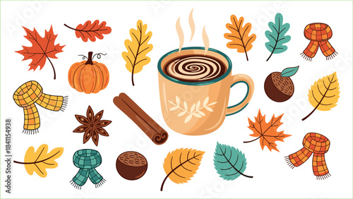 Collection of autumn themed illustrations with a hot drink, pumpkin, leaves, and scarves in a cozy flat vector style for seasonal design and decoration