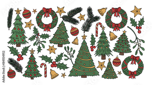 Large collection of hand-drawn Christmas illustrations featuring decorated trees, festive wreaths, ornaments, stars, and holly for seasonal holiday designs and decorations