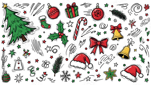 Large set of hand-drawn Christmas doodles featuring a festive tree, ornaments, gifts, and Santa hats in a colorful and sketchy cartoon illustration style for holiday decoration