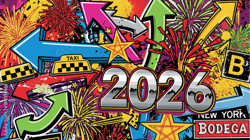 Vibrant 2026 New Year graffiti illustration features a chaotic collage of celebratory fireworks, colorful arrows, stars, and a yellow taxi in a bold comic book art style