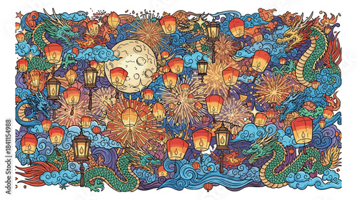 Colorful festive illustration of mythical dragons flying among floating sky lanterns and fireworks during a vibrant night festival with a full moon