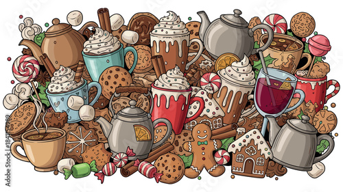 Festive hand-drawn cartoon doodle illustration of warm winter drinks and holiday sweets, featuring hot chocolate, gingerbread cookies, teapots, a gingerbread man, and mulled wine