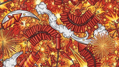 Chaotic seamless pattern of exploding fireworks, red firecrackers, and launching rockets in a vibrant comic book art style with bright flashes, stars, and billowing smoke