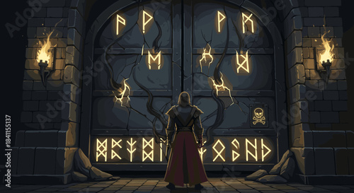 Massive, sealed stone dungeon gate with glowing magical runes and a skull symbol is approached by a lone warrior in a dark, torchlit hall