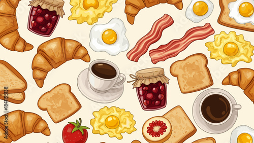 Seamless pattern of cartoon breakfast food including croissants, fried eggs, bacon, toast, coffee, and jam in a colorful, hand-drawn illustration style