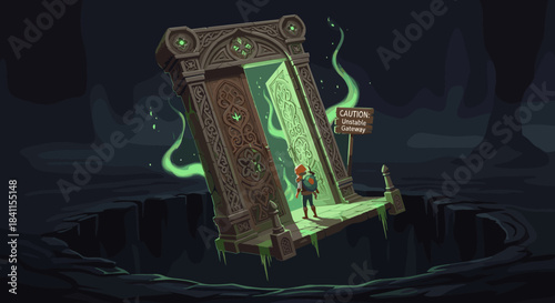 Ancient carved stone portal with glowing green energy stands precariously over a dark chasm as a young adventurer prepares to enter the unstable gateway