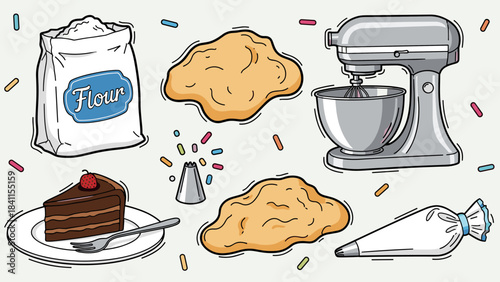 Collection of hand-drawn baking equipment and ingredients including a stand mixer, flour, dough, and a slice of chocolate cake in a fun cartoon doodle style illustration