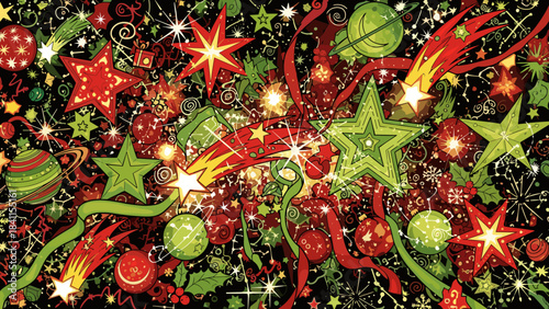 Vibrant and chaotic Christmas illustration featuring red and green stars, planets, ribbons, and sparkling comets in a whimsical, celebratory comic book art style