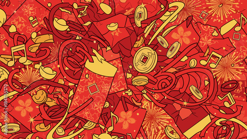 Chaotic red and gold festive pattern of Lunar New Year symbols including envelopes, coins, ingots, fireworks, and musical notes in a celebratory, dynamic illustration style
