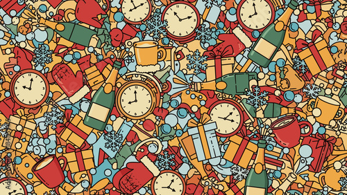 Festive seamless pattern of holiday objects including clocks nearing midnight, popping champagne bottles, wrapped gift boxes, snowflakes, and cozy winter mittens in a fun doodle style