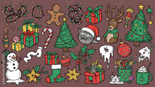 Hand-drawn set of festive Christmas icons featuring a tree, snowman, reindeer, cat, and gifts in a quirky cartoon doodle style for holiday season celebrations