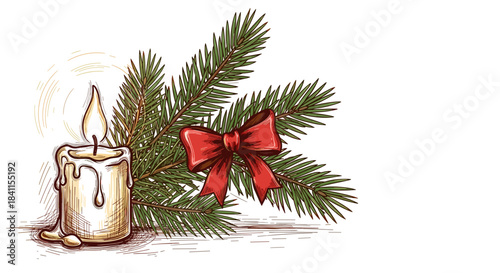 Hand-drawn Christmas candle with melting wax and a glowing flame next to a green fir branch decorated with a festive red bow in a vintage sketch illustration style