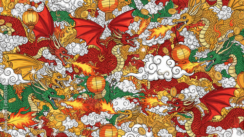 Red, green, and gold Asian-style dragons breathing fire in a chaotic seamless pattern with festive lanterns, swirling clouds, and lucky coins for a celebratory design