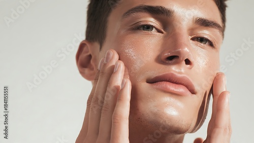 Close-up of a young man with glowing, hydrated skin gently touching his cheek, highlighting a healthy complexion.