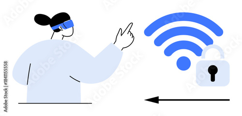 Wireless security concept. Woman interacts with virtual reality and secure wireless lock symbol, highlighting wireless technology. Wireless safety in data, IoT, communication, smart devices, and VR