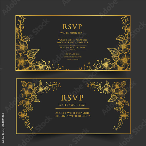 Elegant wedding invitation card background vector. Minimal hand draw botanical flowers and butterfly template background. Design illustration for wedding, vip cover, poster, rsvp modern card.

