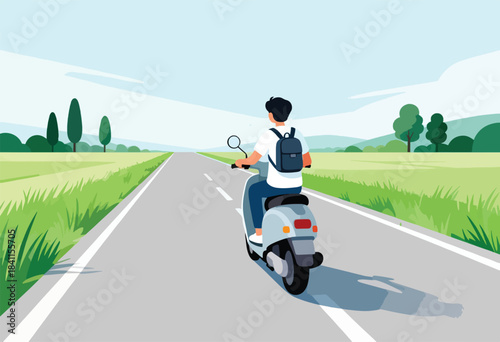 A person on a scooter rides down a long, empty road surrounded by fields and trees. Sunlight casts shadows