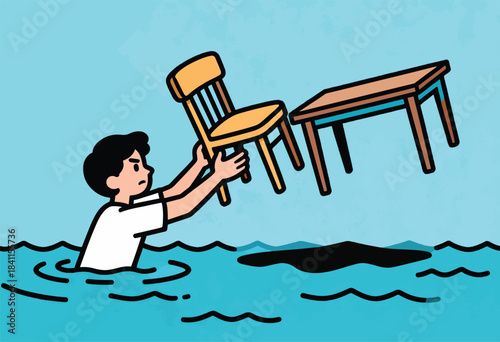 A person in rising water desperately lifts furniture as the level rises, with a chair and table