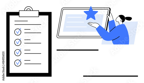 Productivity tools, quality control, task management, workflow automation, user approval, digital processes. A checklist with marks and a user interacting with a tablet. Productivity tools and task